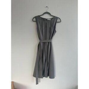 Calvin Klein pleated grey sleeveless dress + tie belt (sleek + structured)